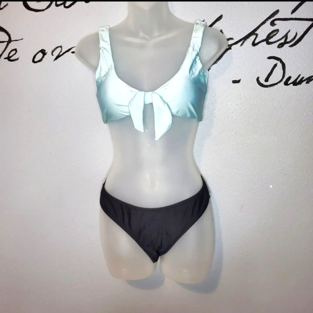 NWT Bikini: Pale Aqua and Black Bikini with front Tie from Yonique, S